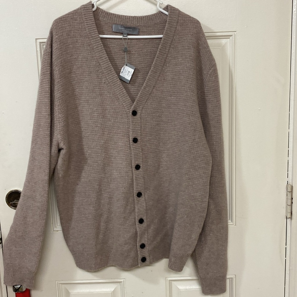 Neiman Marcus Taupe Brown Rib Knit V-Neck Button Cardigan